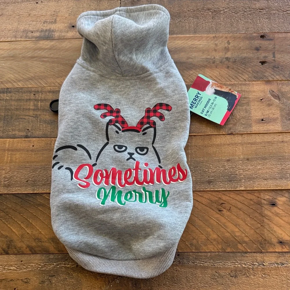 NWT Gray Cat Hoodie with Red and Green Print